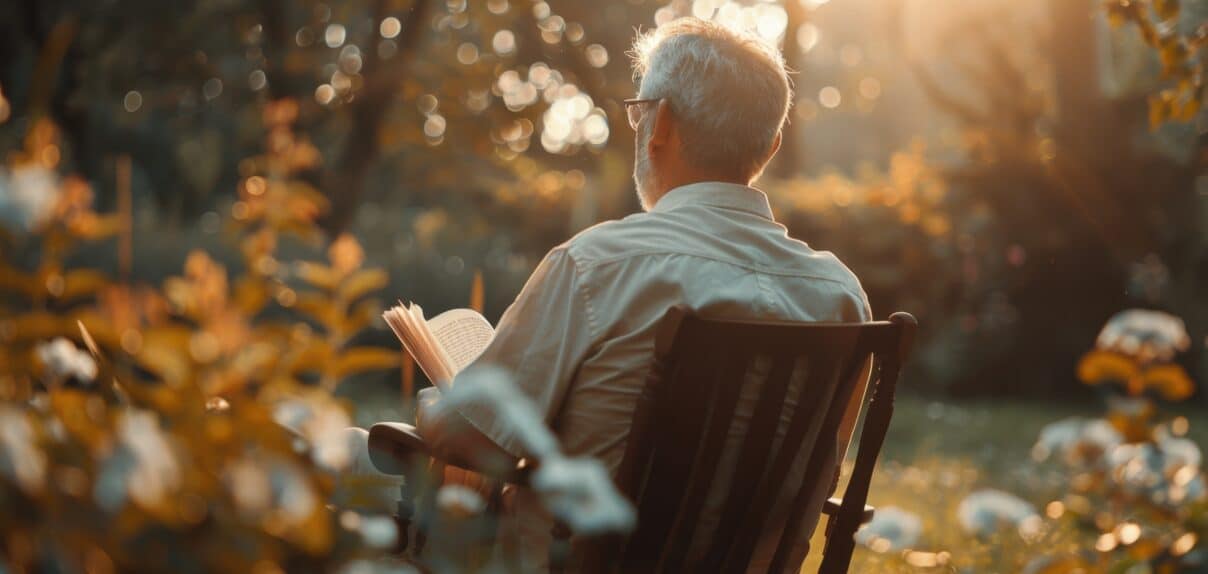Aging senior baby boomer man enjoying reading a book outside in nature. - Nohée
