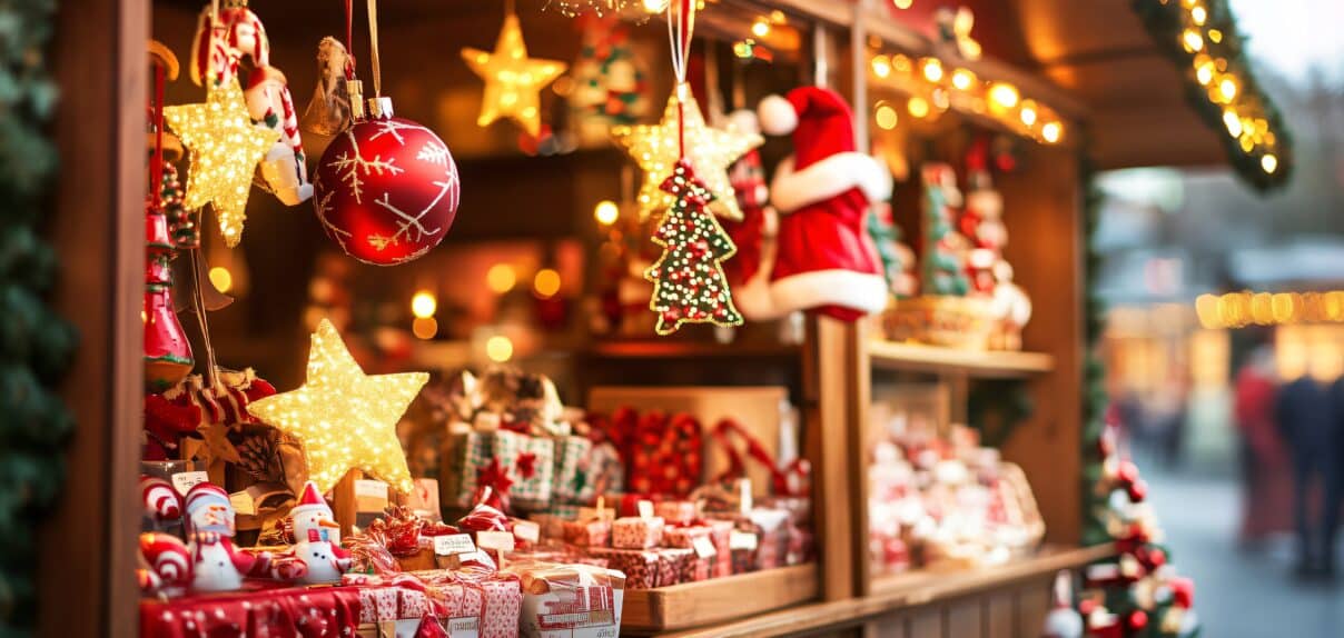 Christmas market stall selling ornaments and decorations at dusk - Nohée