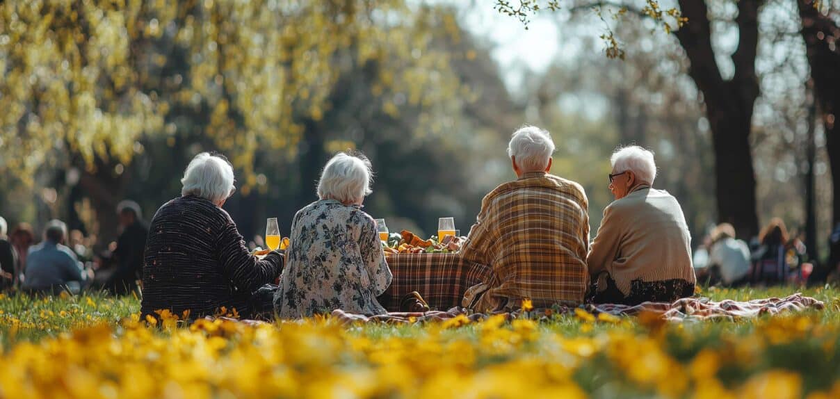 Un groupe de seniors assis sur une pelouse
